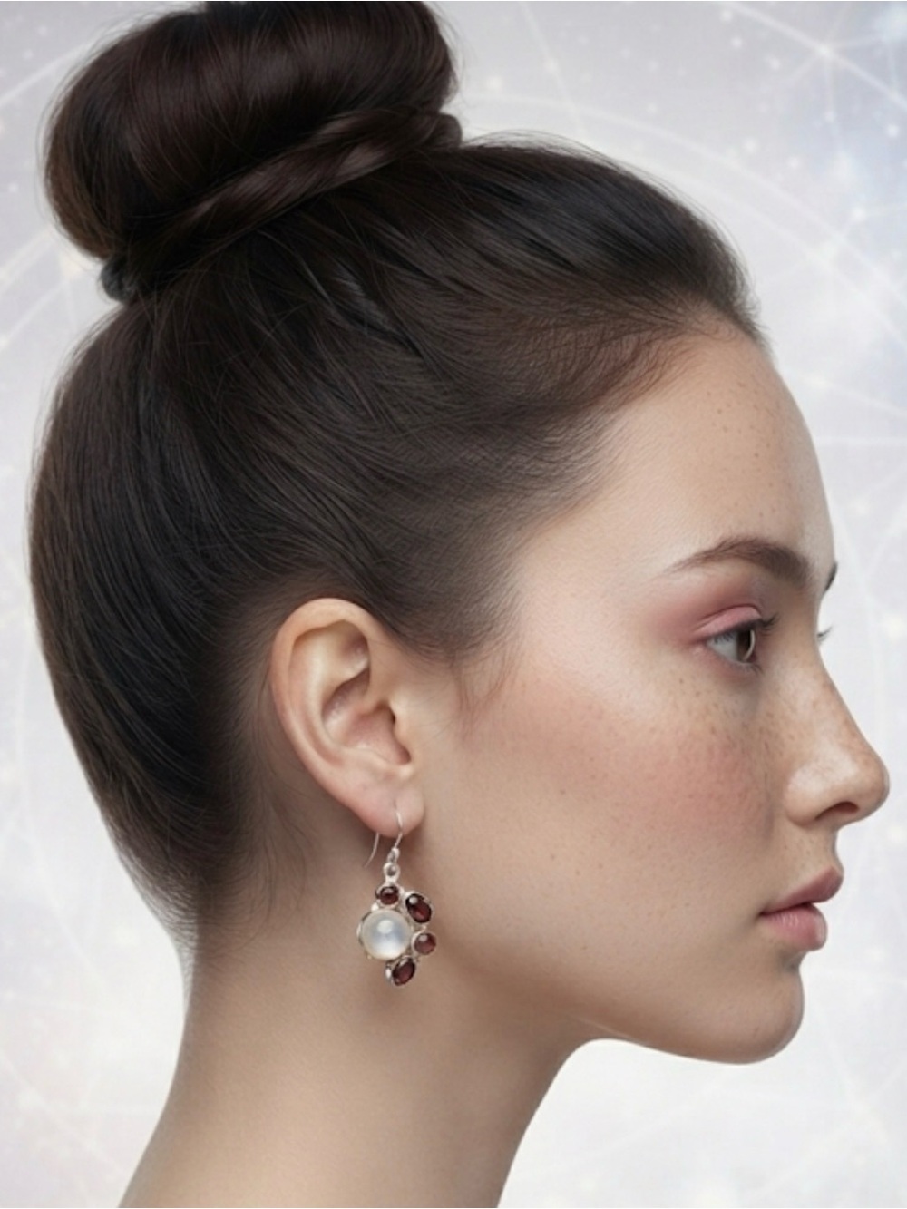 Moonstone & Garnet Cluster Earrings – 925 Sterling Silver